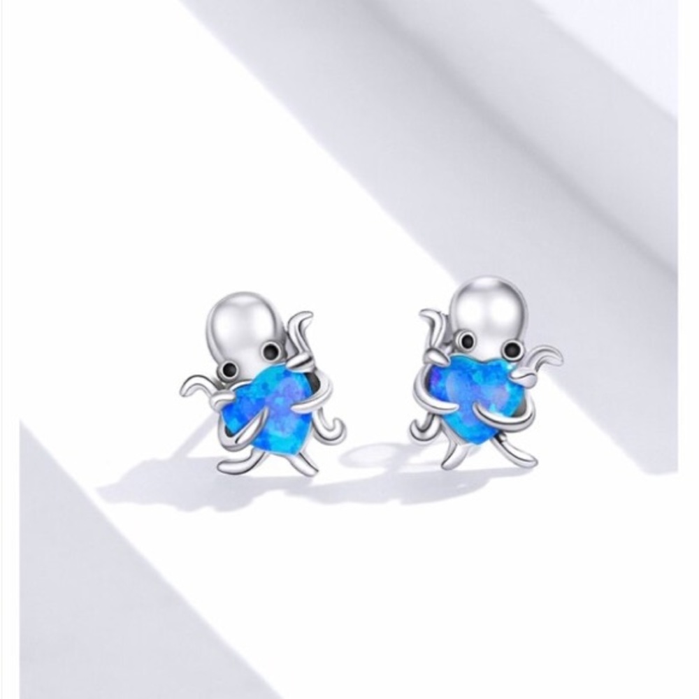 925 Sterling Silver Octopus Heart Opal Stud Earrings for Women - Picture 3 of 6